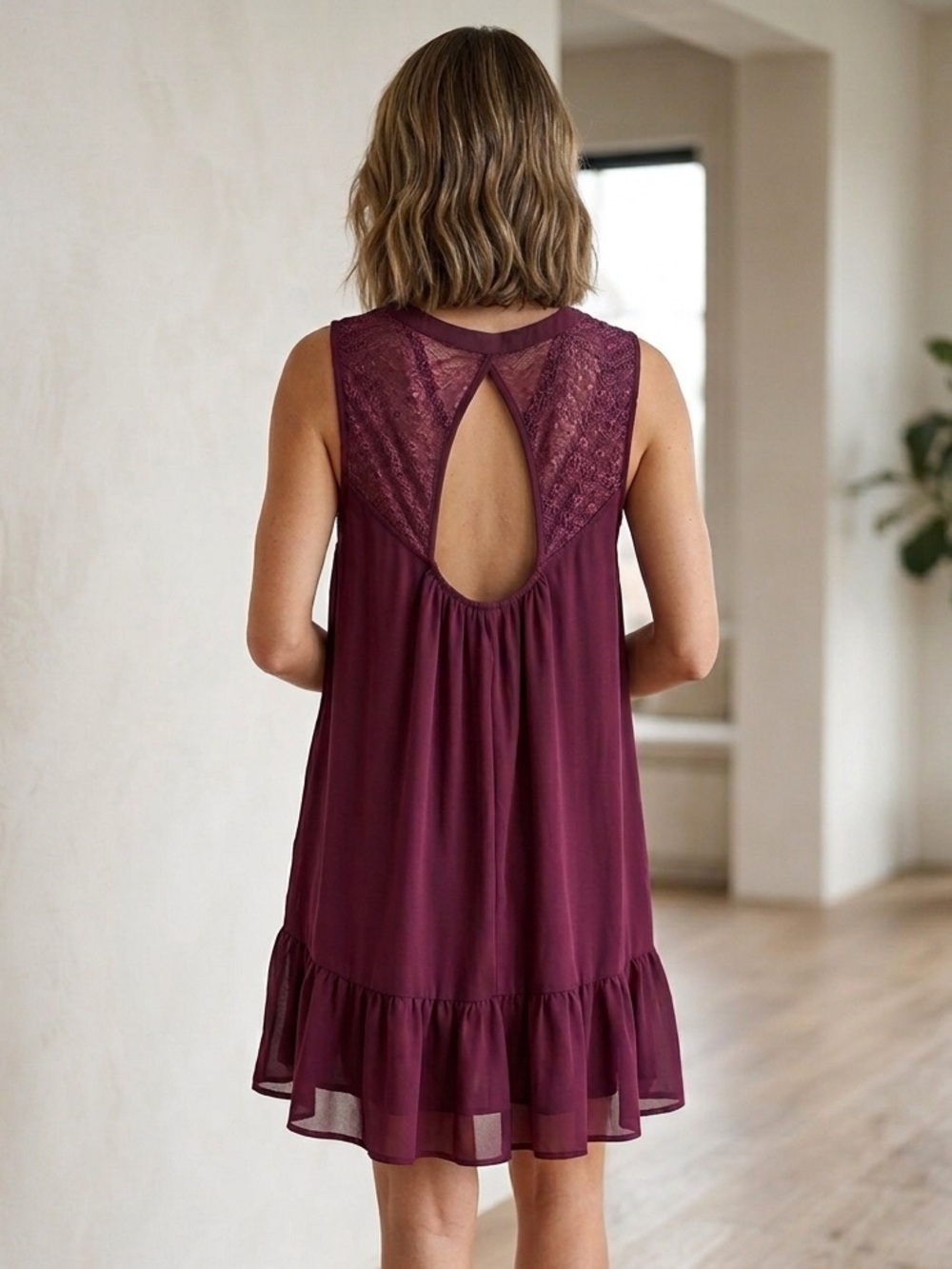 JODI KRISTOPHER Sleeveless Lace Yoke Ruffle Hem Dress S 18” p2p Wine NWOT - Picture 7 of 12